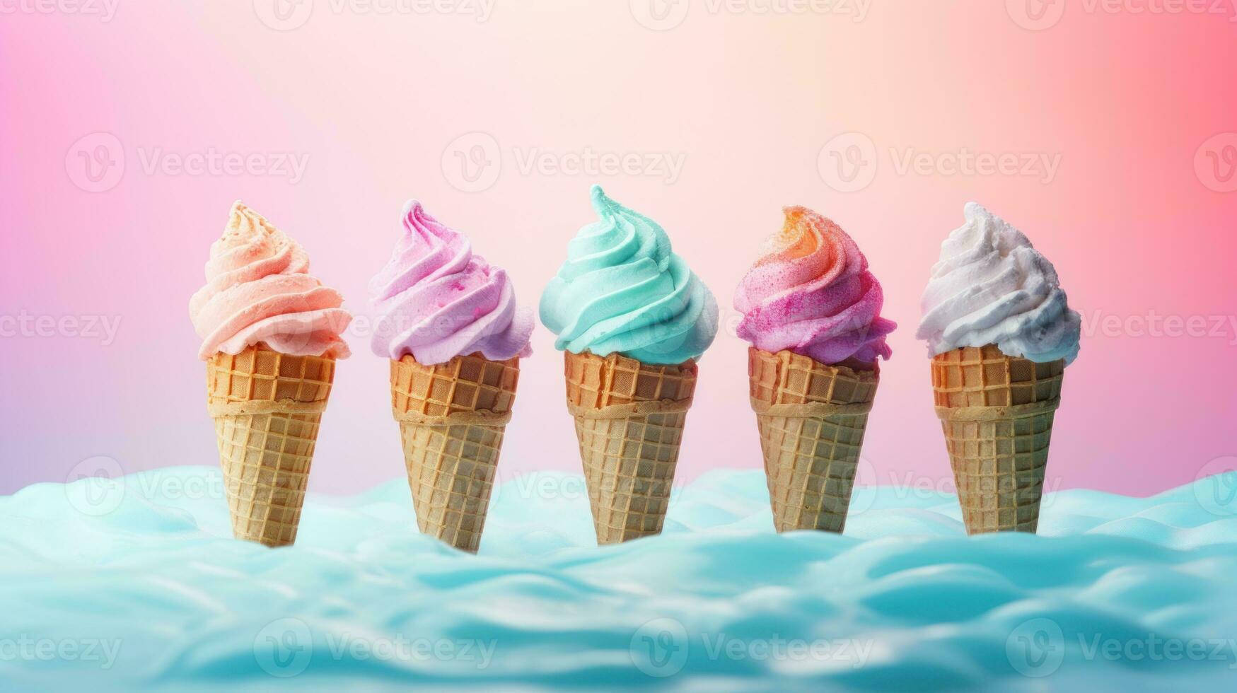 AI generated Five different flavored ice creams in cones against a gradient pink-blue background. With copy space. Ideal for dessert menus, promotions, advertising sweet treats, food blogs photo