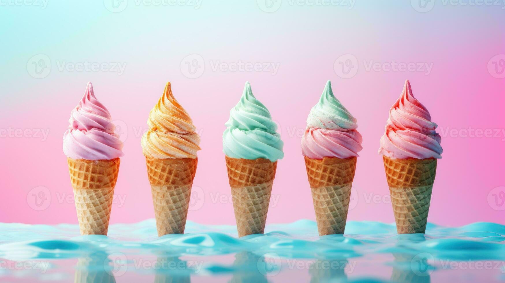 AI generated Five different flavored ice creams in cones against a gradient pink-blue background. With copy space. Ideal for dessert menus, promotions, advertising sweet treats, food blog photo
