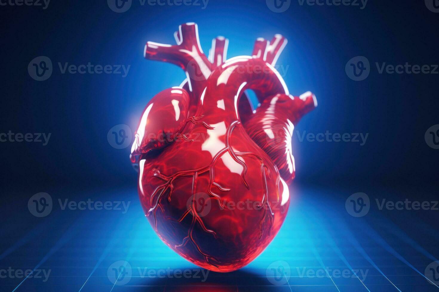 AI generated A realistic model of a human heart showcased against a blue grid background. Ideal for educational, medical, and scientific visual content. photo