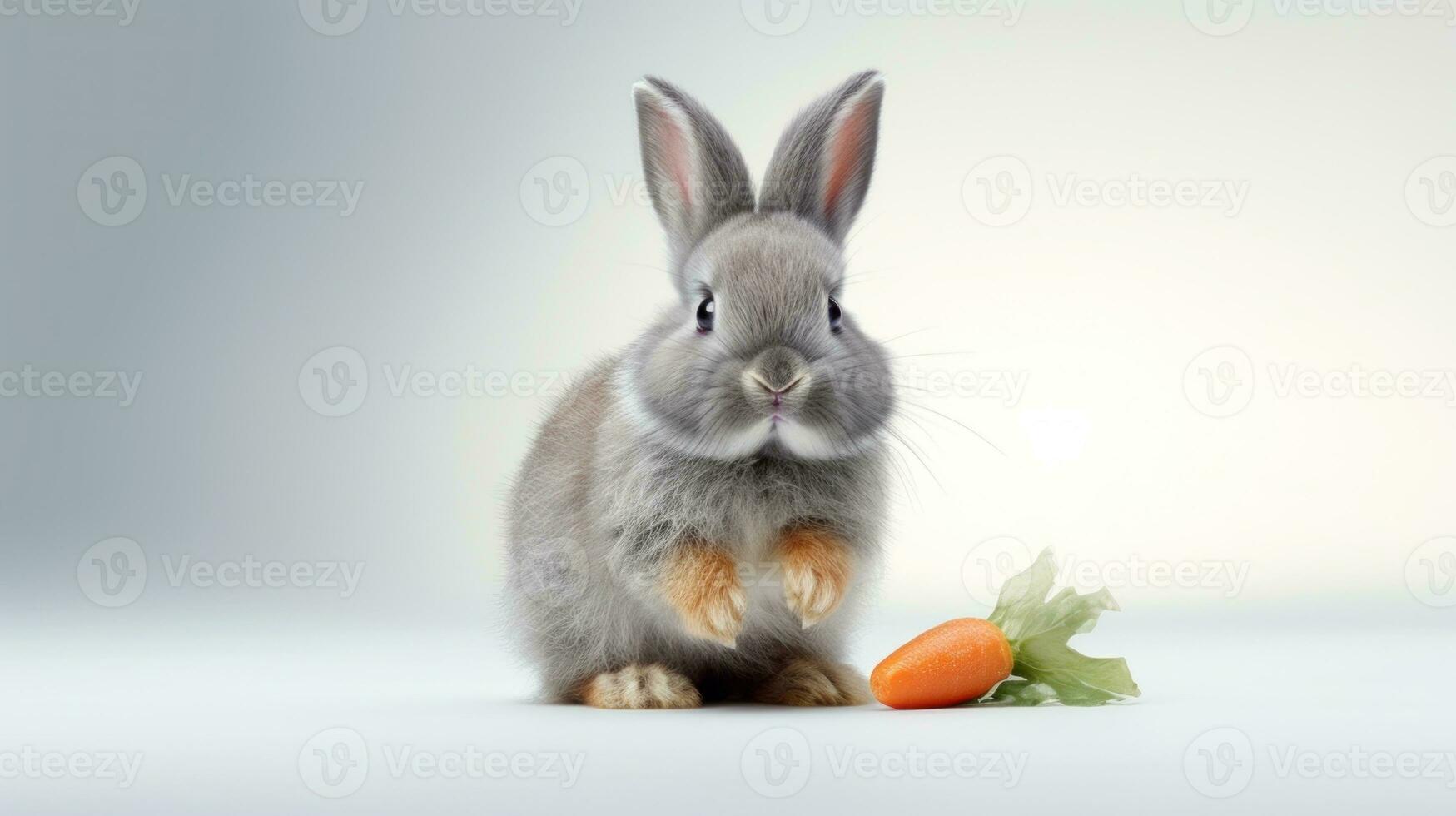 AI generated Grey Rabbit with Fresh carrot and lettuce on light gradient background. Cute fluffy bunny. Easter concept. Ideal for pet food advertisements, educational content, veterinary or animal photo