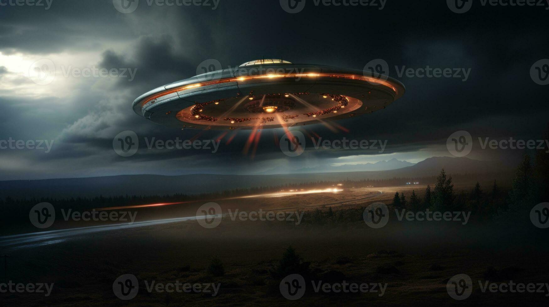 AI generated UFO with radiant lights hovering over road under night sky. Futuristic alien spaceship. Copy space. Ideal for projects exploring extraterrestrial themes, science fiction, and unknown. photo