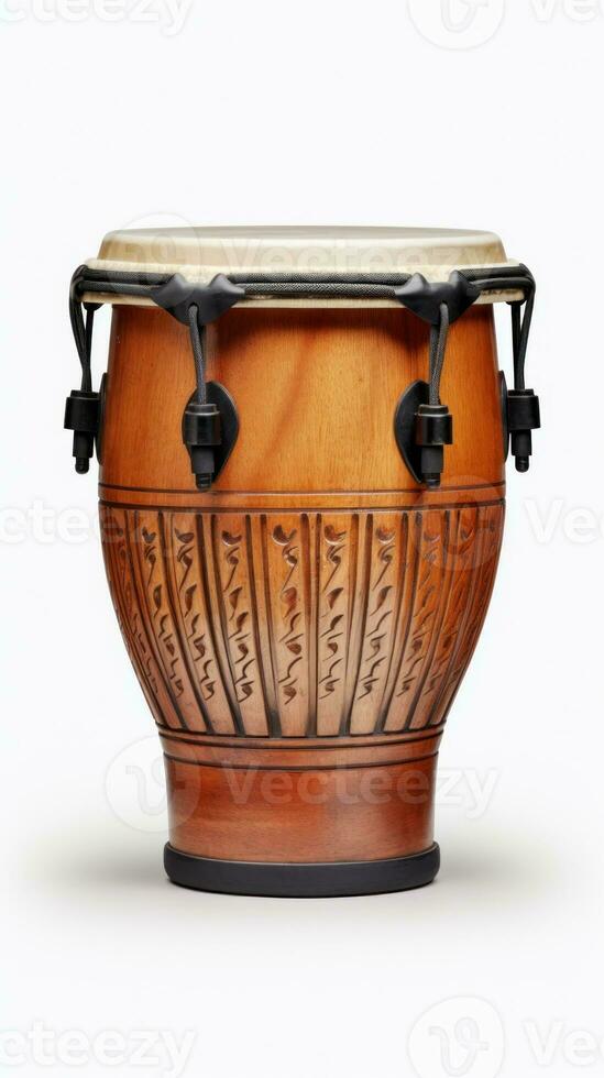 AI generated Hand-Carved Bongo Drum on a White Background. Traditional percussion musical instrument of Afro-Cuban and Latin American culture. Perfect for musical themes, rhythm concepts photo