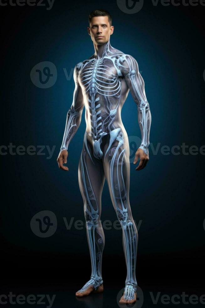 AI generated Illustration of man skeleton anatomy on dark background. Skeletal system. Human body bone structure. Ideal for textbooks, medical presentations, educational content, medical brochures photo