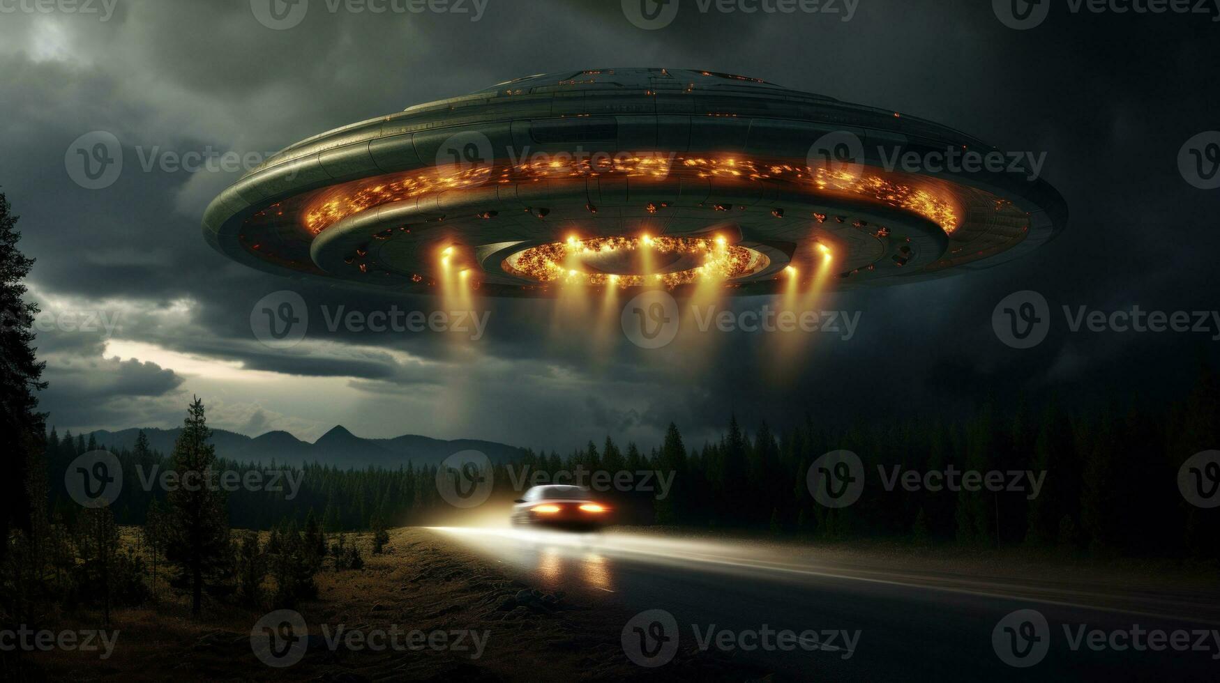 AI generated UFO with radiant lights hovering over road under night sky. Futuristic alien spaceship. Copy space. Ideal for projects exploring extraterrestrial themes, science fiction, and unknown photo