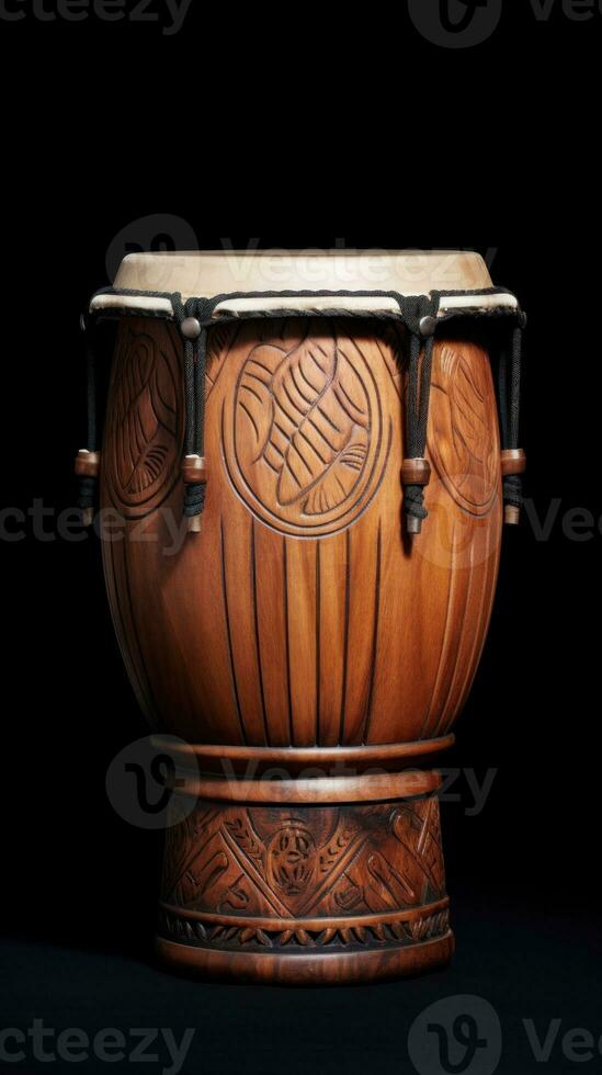 AI generated Bongo Drum on a Black Background. Traditional percussion musical instrument of Afro-Cuban and Latin American culture. Perfect for musical themes, rhythm concepts, cultural designs. photo