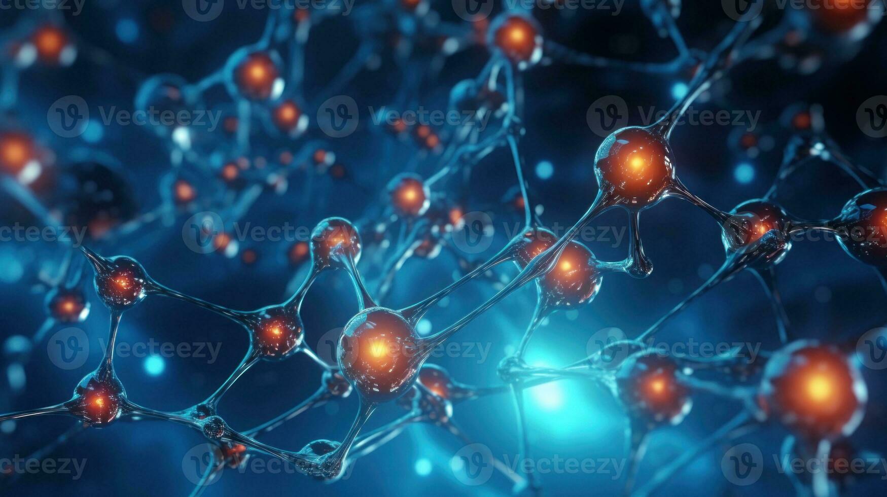 AI generated Atoms and molecules. Colorful Spheres in Motion. Abstract background. Futuristic Geometry. Concept of science, chemistry, medicine, technology, networks Copy Space Bubbles photo
