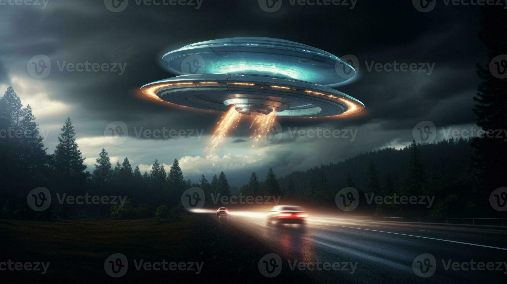 AI generated UFO with radiant lights hovering over road under night sky. Futuristic alien spaceship. Copy space. Ideal for projects exploring extraterrestrial themes, science fiction, and unknown photo
