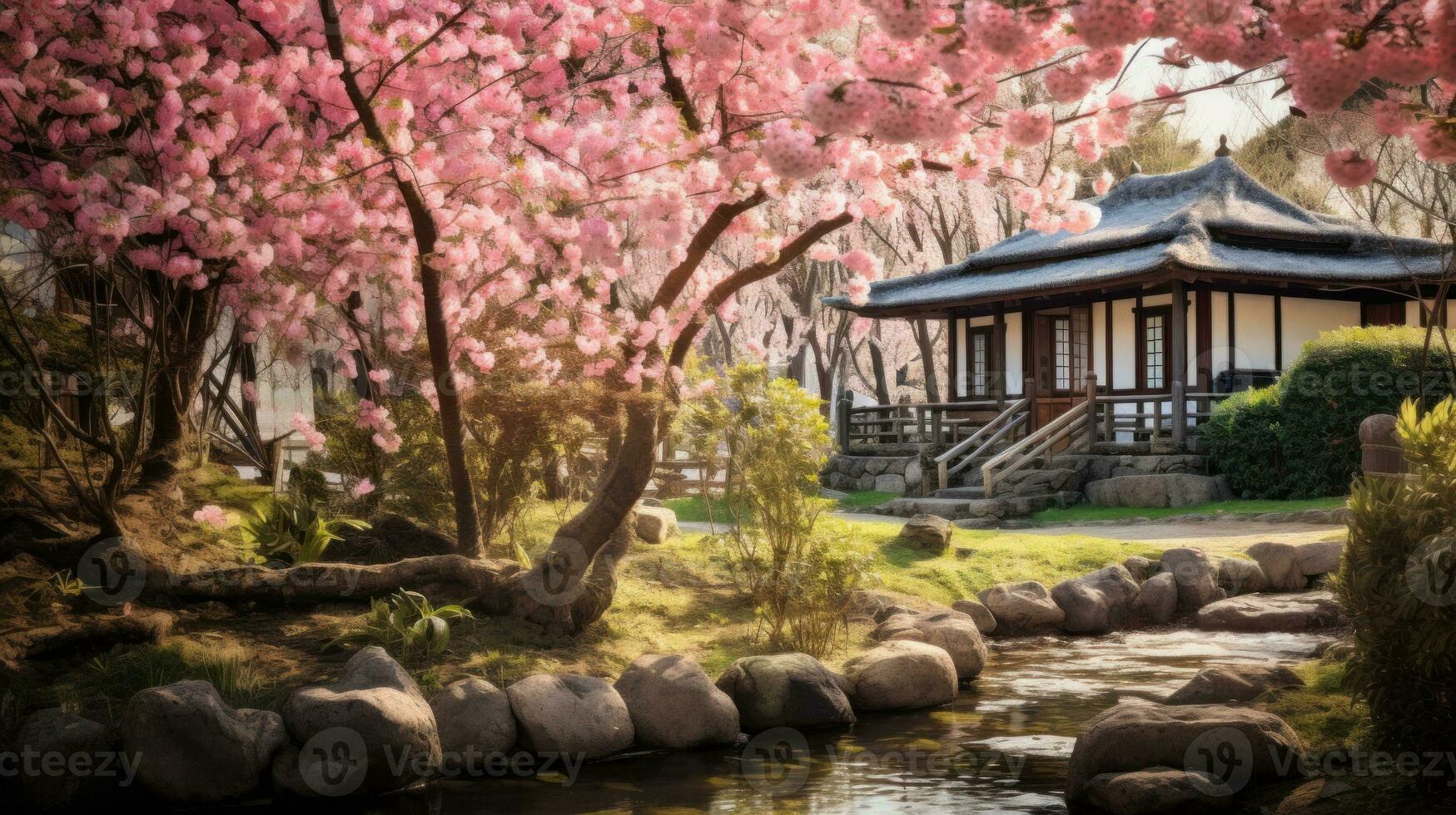 AI generated Beauty of a Japanese garden, where cherry blossoms bloom, flows clear river, a stone path leads to a tea house. The harmony of nature and architecture is the backdrop for traditional photo