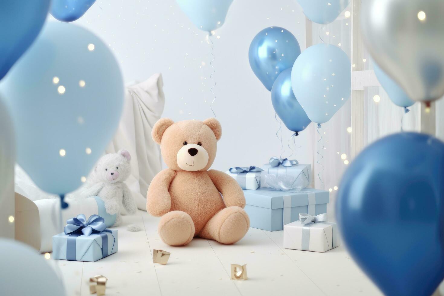 ai generado azul globos, un oso y regalos foto