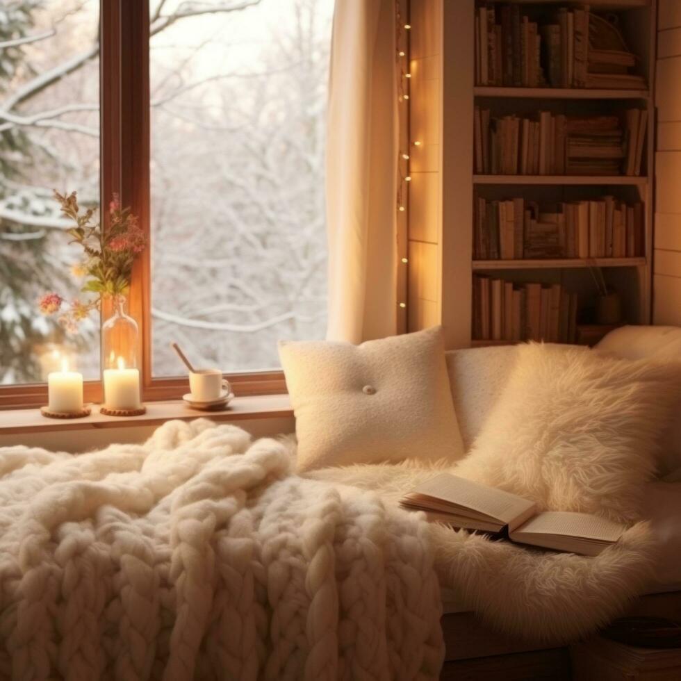 AI generated Cozy winter weekend morning with fluffy slippers, knitwear photo