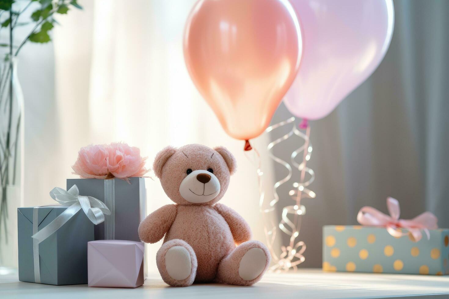 AI generated birthday with a bear holding gift and balloons photo