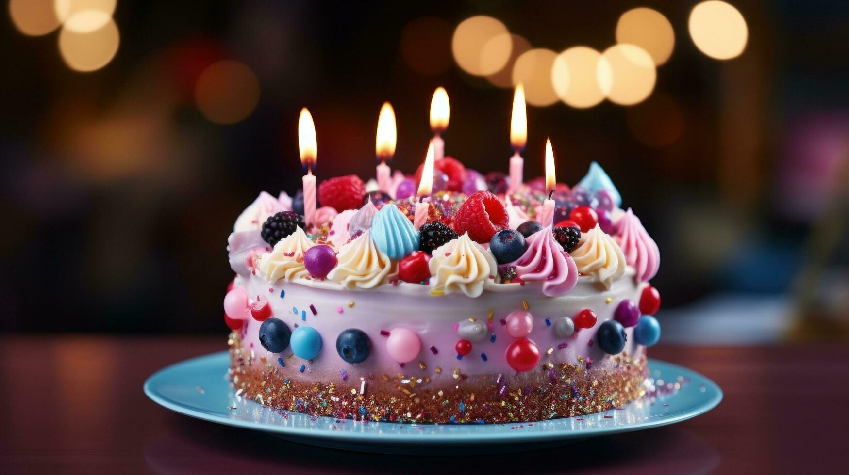 AI generated decadent birthday cake adorned with colorful icing and toppings, a culinary masterpiece with copy space. photo