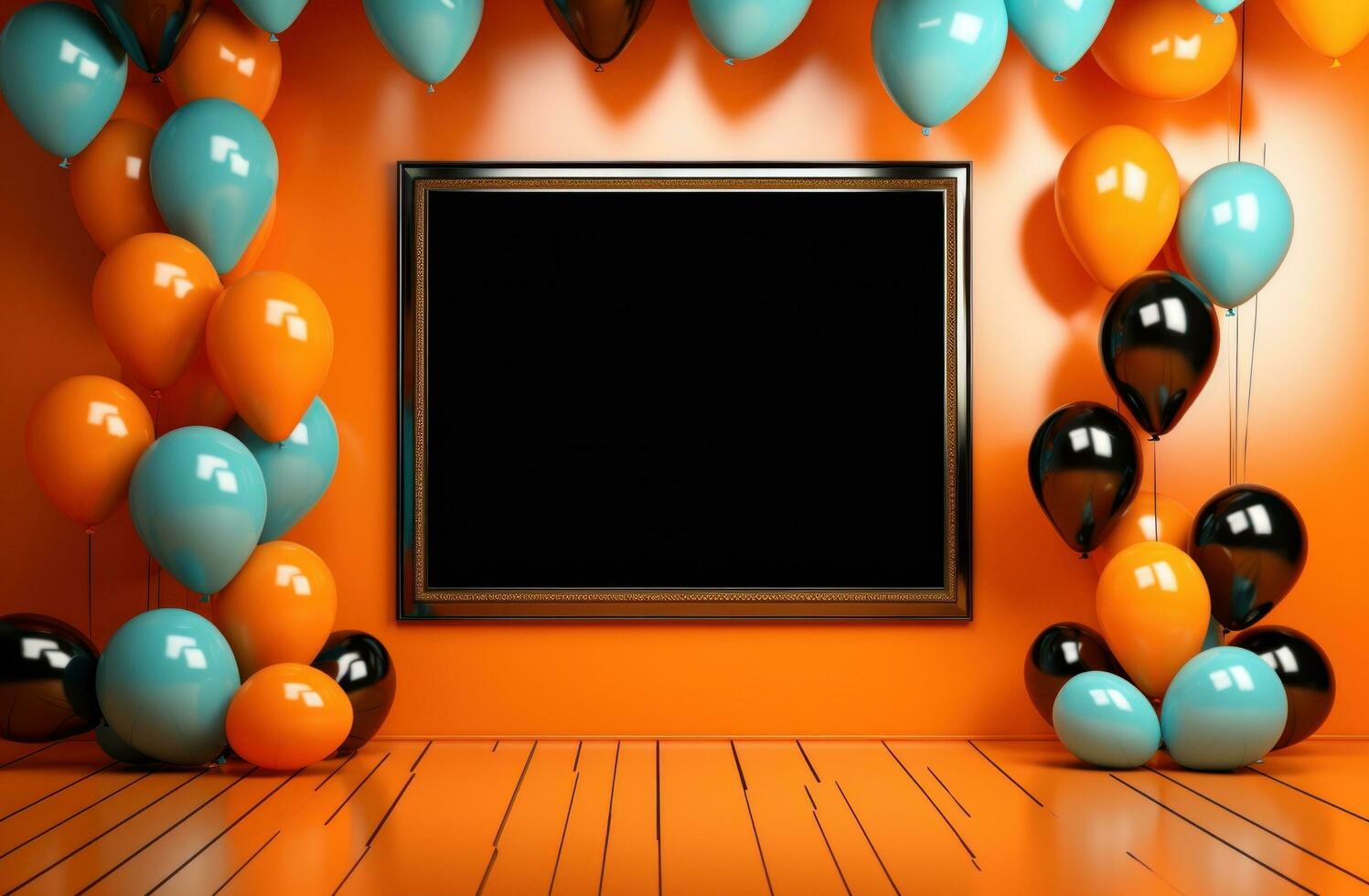AI generated empty black frame with balloons on the orange background banner photo