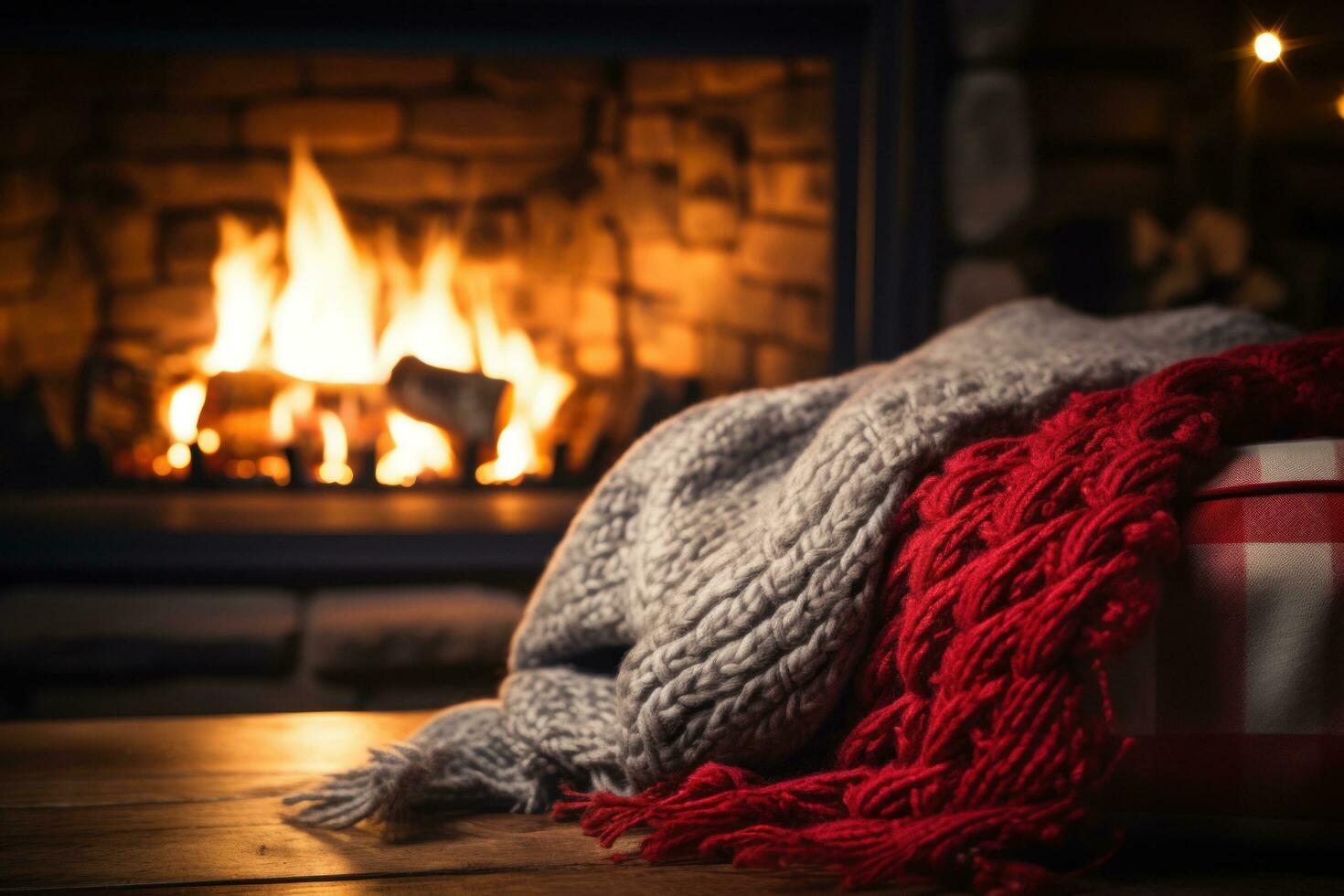 AI generated Cozy winter background with a crackling fireplace, plush blankets photo
