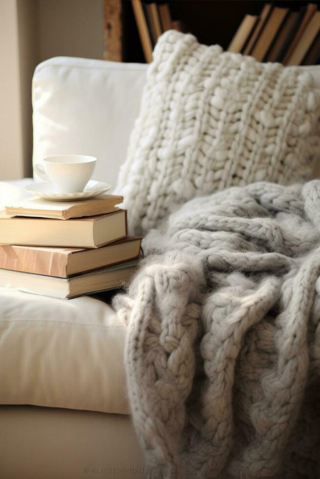 AI generated Cozy winter weekend morning with fluffy slippers, photo