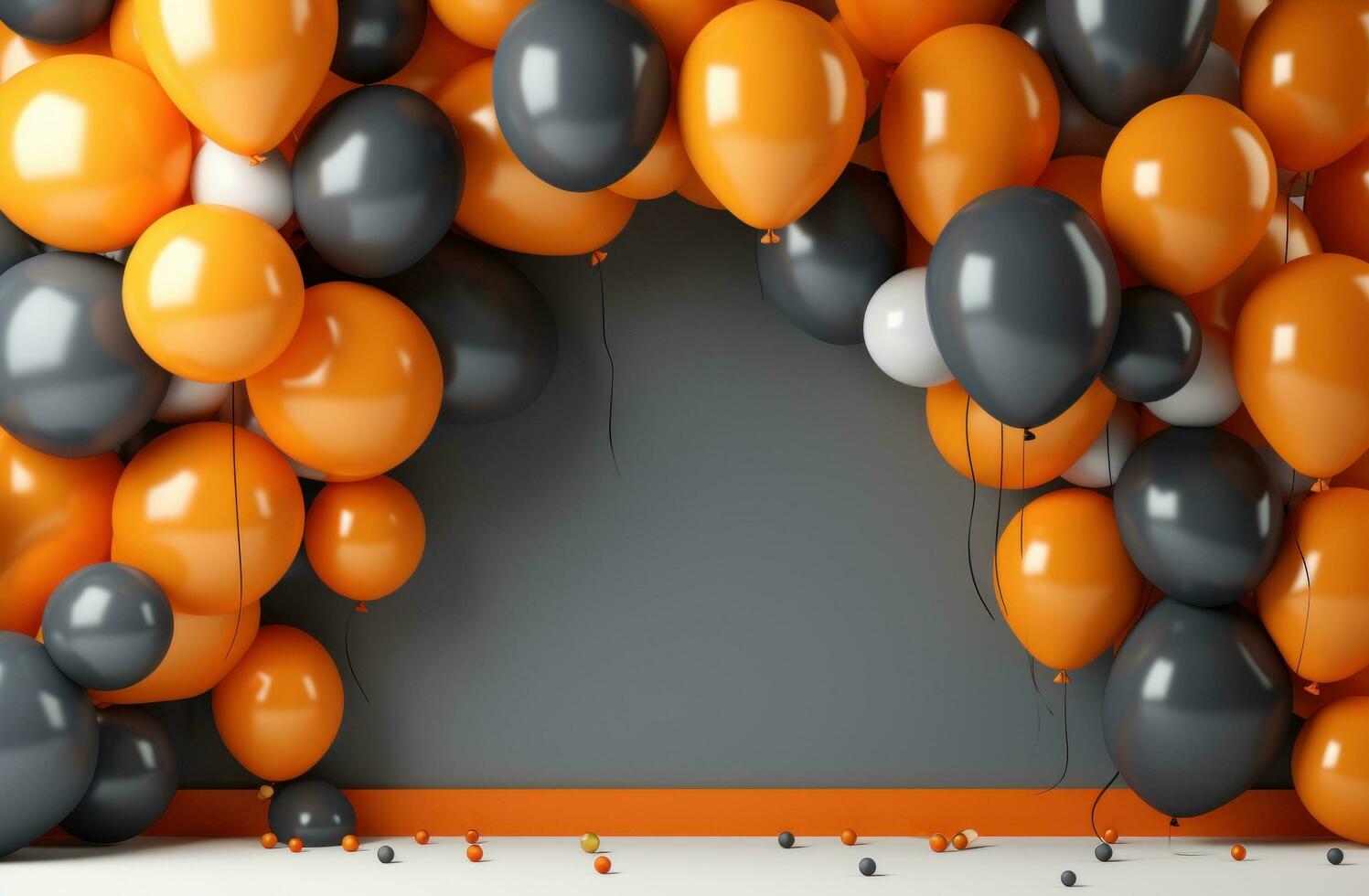 AI generated colorful balloons and golden frame with orange background photo