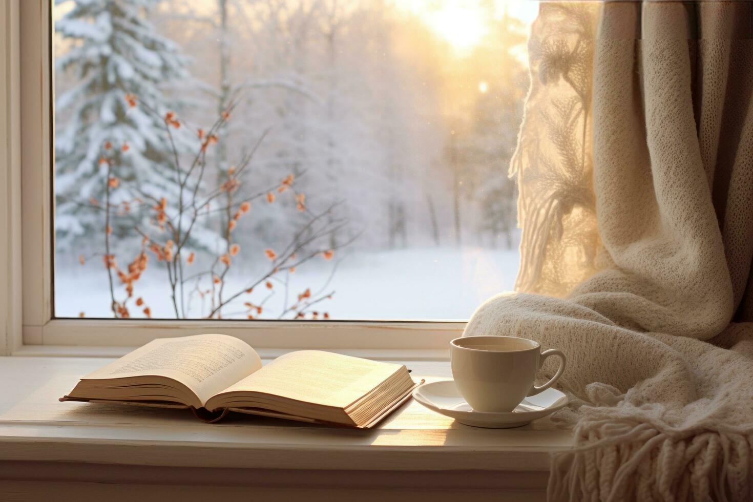 AI generated Winter aesthetic morning, warm knits, book, and a window view of snowy landscapes photo