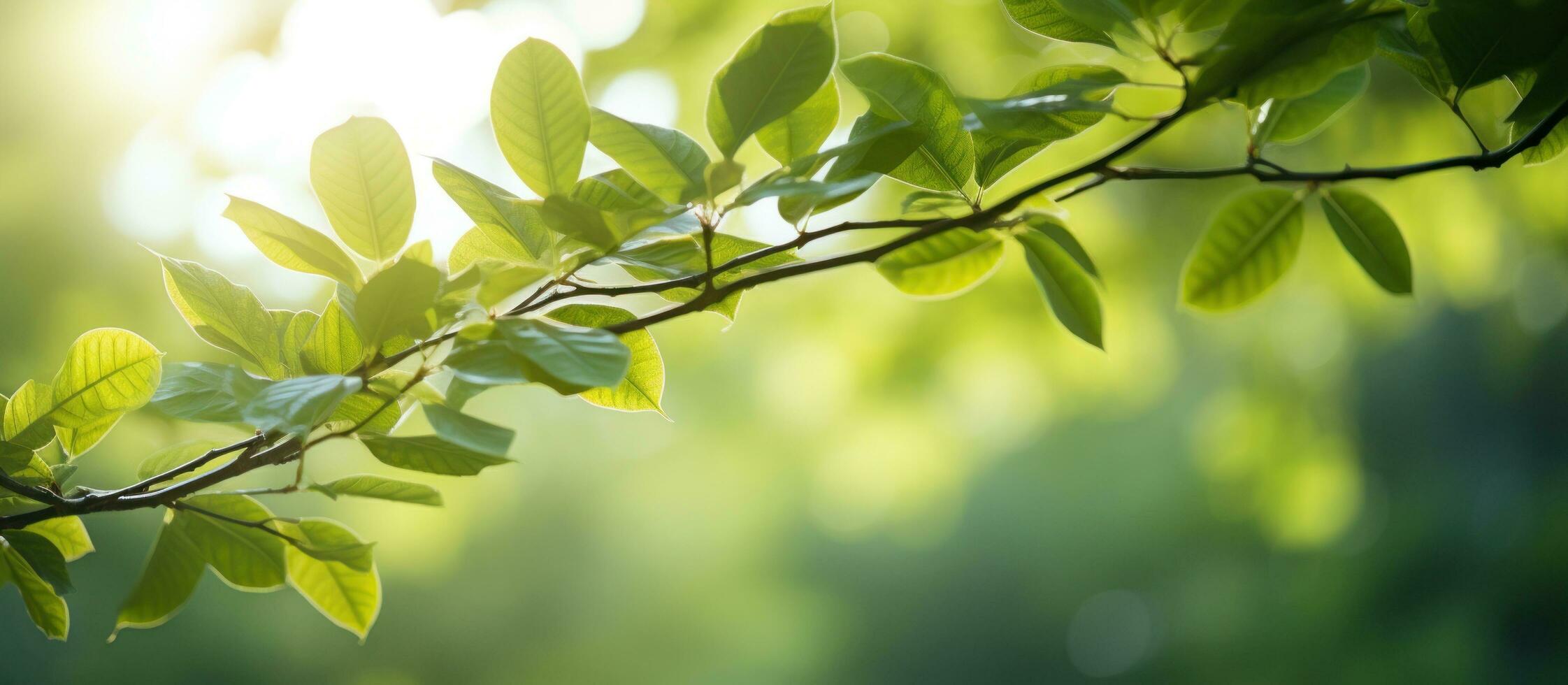 AI generated green branches on the leafy branches with sunlight. photo