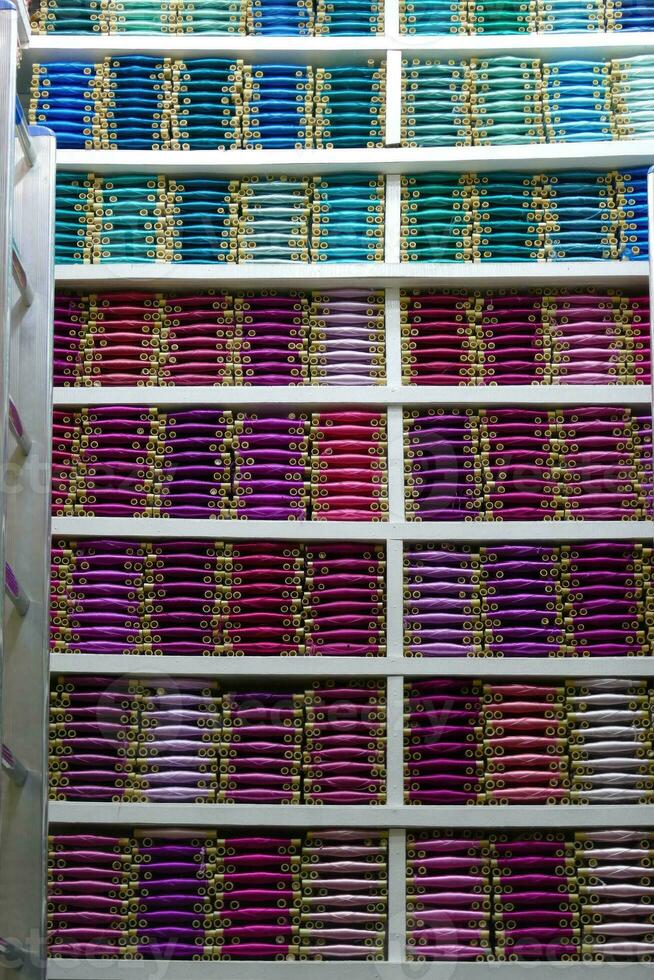 Multi - colored threads on shelves photo