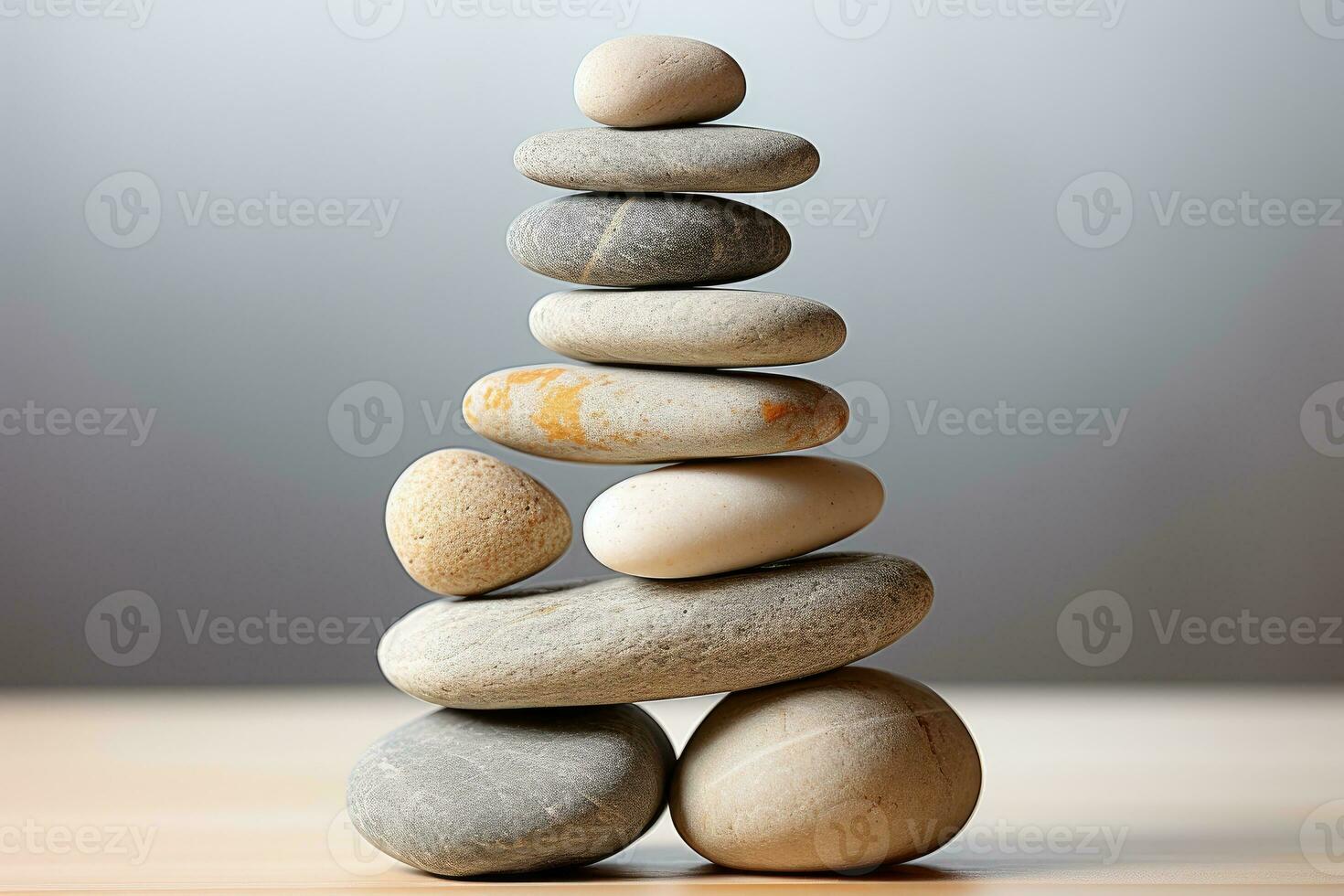 AI generated Meditation Rock Stack Poise Stones for Serenity and Mindfulness Simple Harmony Five Stones on White Background for Tranquility Stone Cairn for Peaceful Wellness Background photo