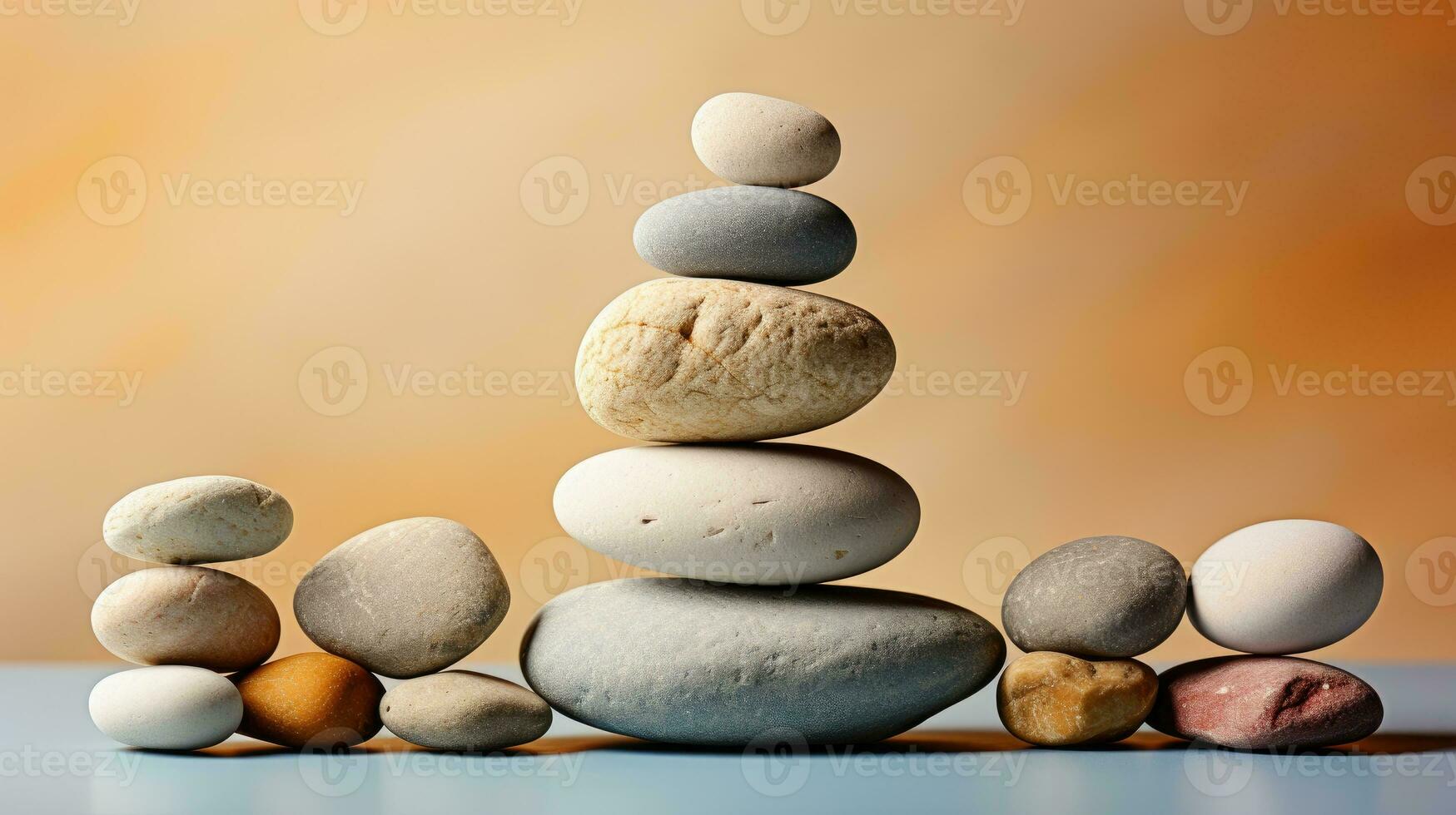 AI generated Meditation Rock Stack Poise Stones for Serenity and Mindfulness Simple Harmony Five Stones on White Background for Tranquility Stone Cairn for Peaceful Wellness Background photo