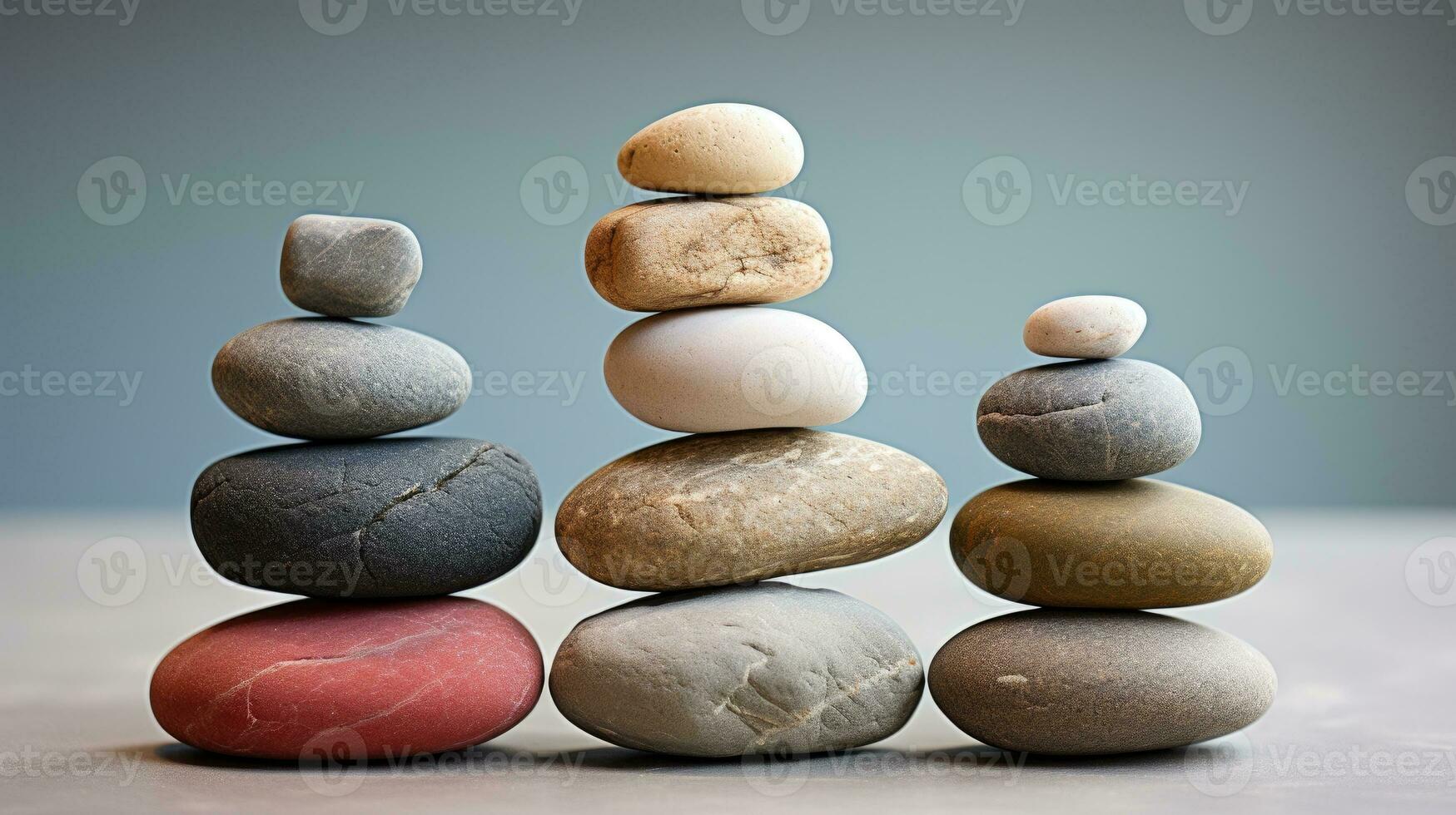 AI generated Meditation Rock Stack Poise Stones for Serenity and Mindfulness Simple Harmony Five Stones on White Background for Tranquility Stone Cairn for Peaceful Wellness Background photo