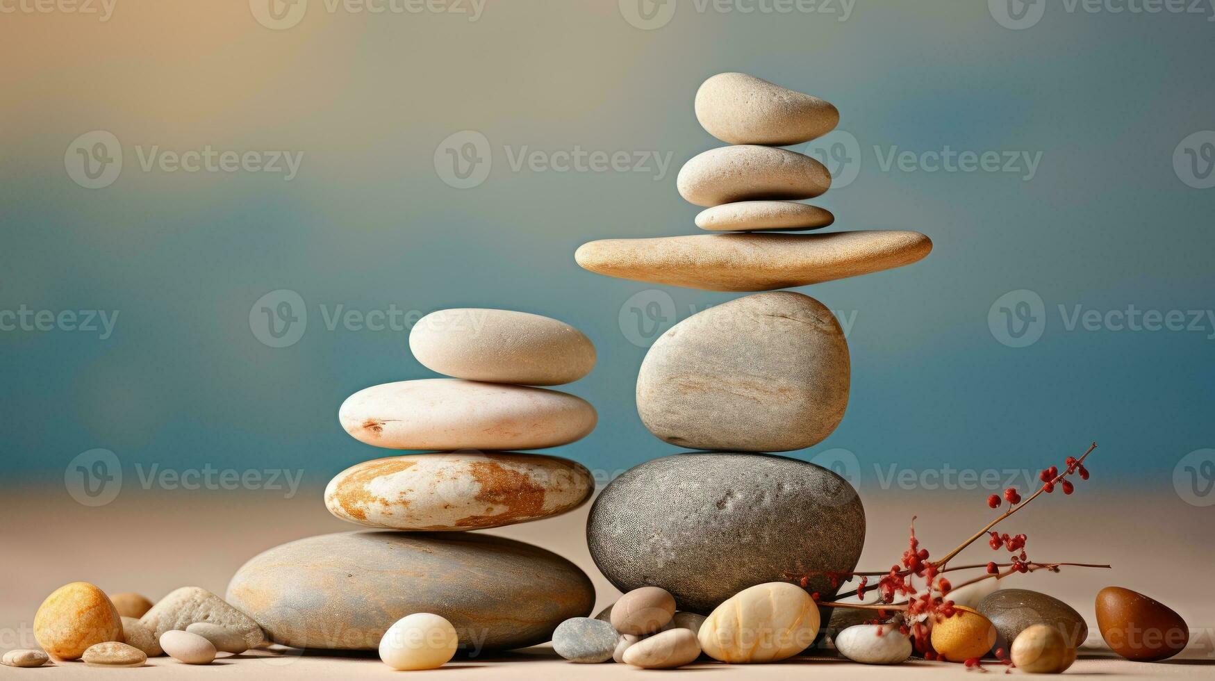 AI generated Meditation Rock Stack Poise Stones for Serenity and Mindfulness Simple Harmony Five Stones on White Background for Tranquility Stone Cairn for Peaceful Wellness Background photo