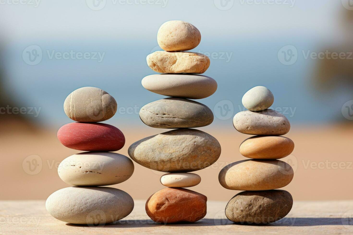 AI generated Meditation Rock Stack Poise Stones for Serenity and Mindfulness Simple Harmony Five Stones on White Background for Tranquility Stone Cairn for Peaceful Wellness Background photo