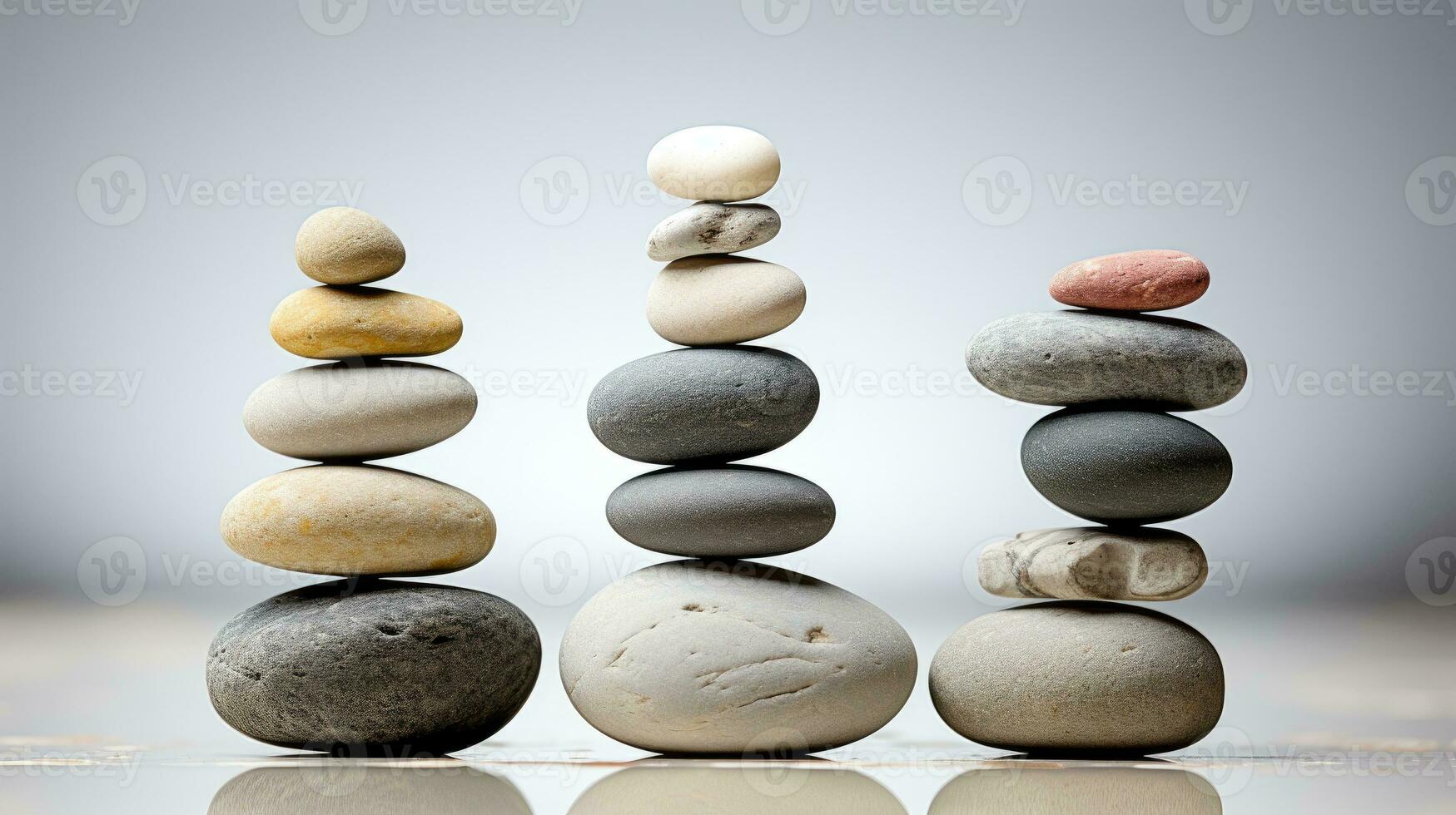 AI generated Meditation Rock Stack Poise Stones for Serenity and Mindfulness Simple Harmony Five Stones on White Background for Tranquility Stone Cairn for Peaceful Wellness Background photo