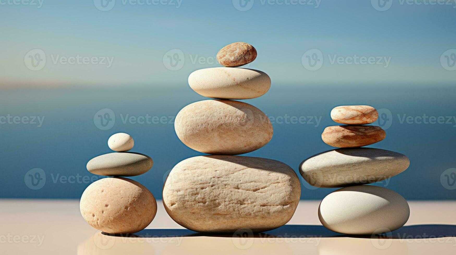 AI generated Meditation Rock Stack Poise Stones for Serenity and Mindfulness Simple Harmony Five Stones on White Background for Tranquility Stone Cairn for Peaceful Wellness Background photo