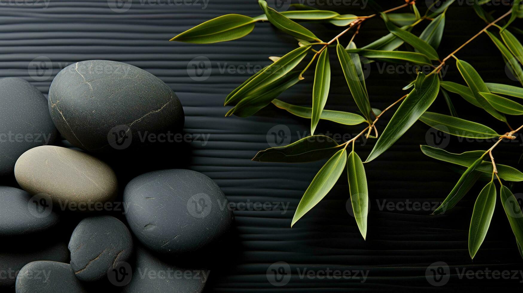 AI generated Black Stone Cairn with Bamboo and White Flower Rock Zen Aesthetic Spa Concept with Minimalist Composition Serenity in Nature Calming Atmosphere for Peaceful Wellness Background photo