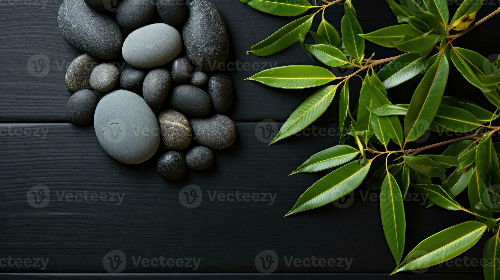 AI generated Black Stone Cairn with Bamboo and White Flower Rock Zen Aesthetic Spa Concept with Minimalist Composition Serenity in Nature Calming Atmosphere for Peaceful Wellness Background photo