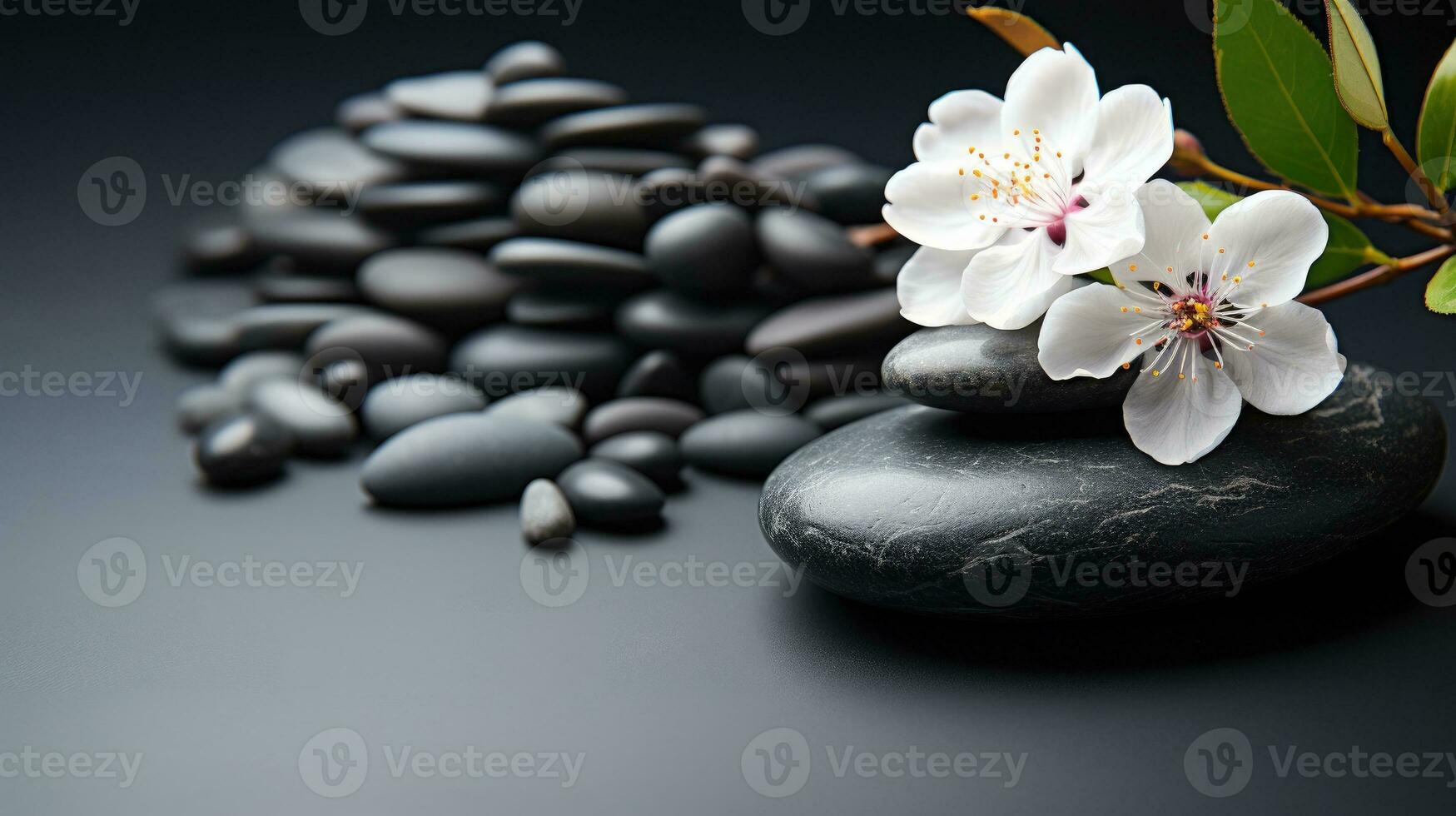 AI generated Black Stone Cairn with Bamboo and White Flower Rock Zen Aesthetic Spa Concept with Minimalist Composition Serenity in Nature Calming Atmosphere for Peaceful Wellness Background photo