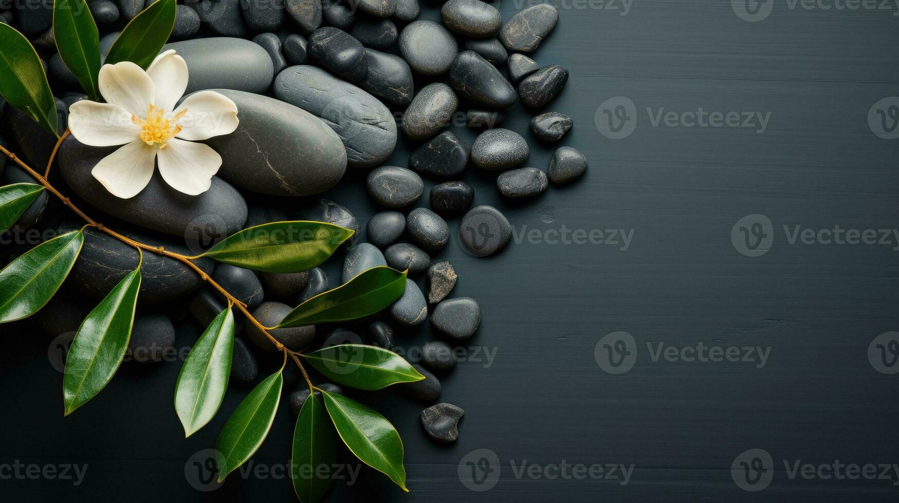 AI generated Black Stone Cairn with Bamboo and White Flower Rock Zen Aesthetic Spa Concept with Minimalist Composition Serenity in Nature Calming Atmosphere for Peaceful Wellness Background photo