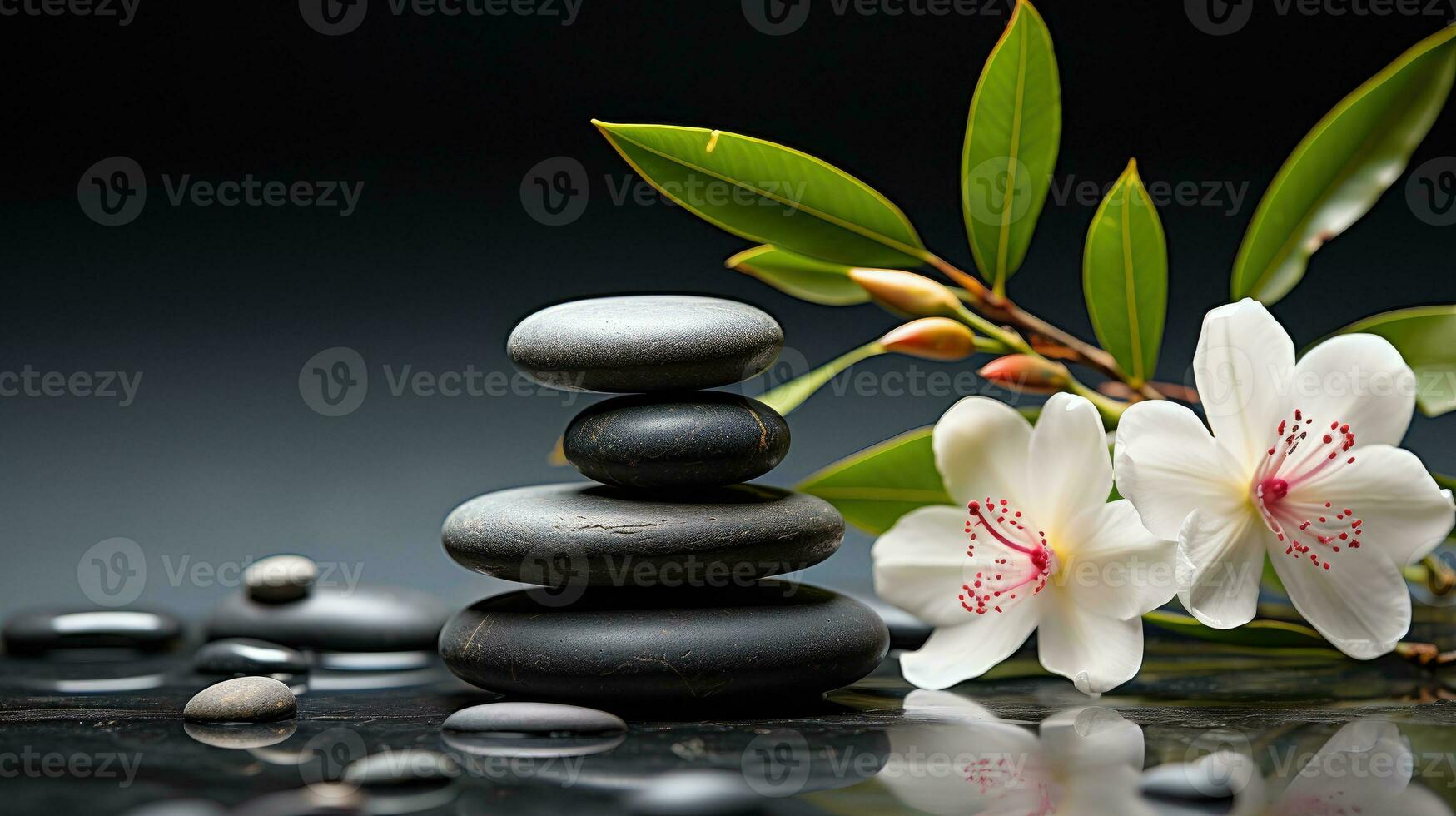 AI generated Black Stone Cairn with Bamboo and White Flower Rock Zen Aesthetic Spa Concept with Minimalist Composition Serenity in Nature Calming Atmosphere for Peaceful Wellness Background photo