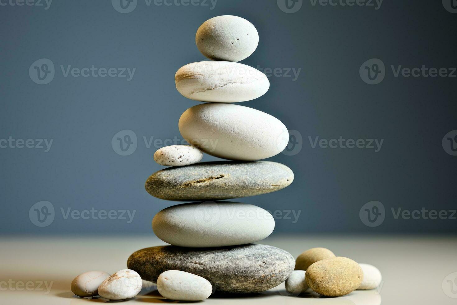 AI generated Meditation Rock Stack Poise Stones for Serenity and Mindfulness Simple Harmony Five Stones on White Background for Tranquility Stone Cairn for Peaceful Wellness Background photo