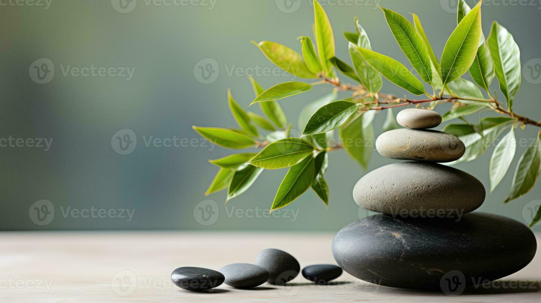 AI generated Black Stone Cairn with Bamboo and White Flower Rock Zen Aesthetic Spa Concept with Minimalist Composition Serenity in Nature Calming Atmosphere for Peaceful Wellness Background photo