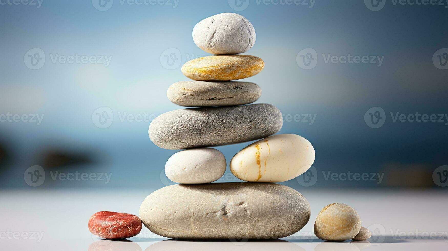 AI generated Meditation Rock Stack Poise Stones for Serenity and Mindfulness Simple Harmony Five Stones on White Background for Tranquility Stone Cairn for Peaceful Wellness Background photo
