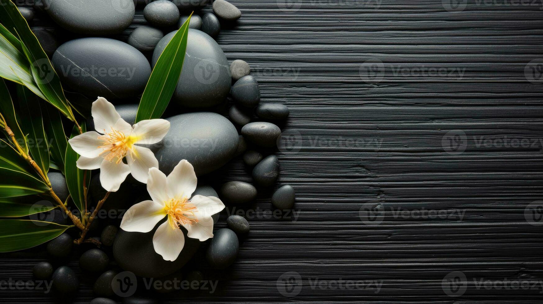 AI generated Black Stone Cairn with Bamboo and White Flower Rock Zen Aesthetic Spa Concept with Minimalist Composition Serenity in Nature Calming Atmosphere for Peaceful Wellness Background photo