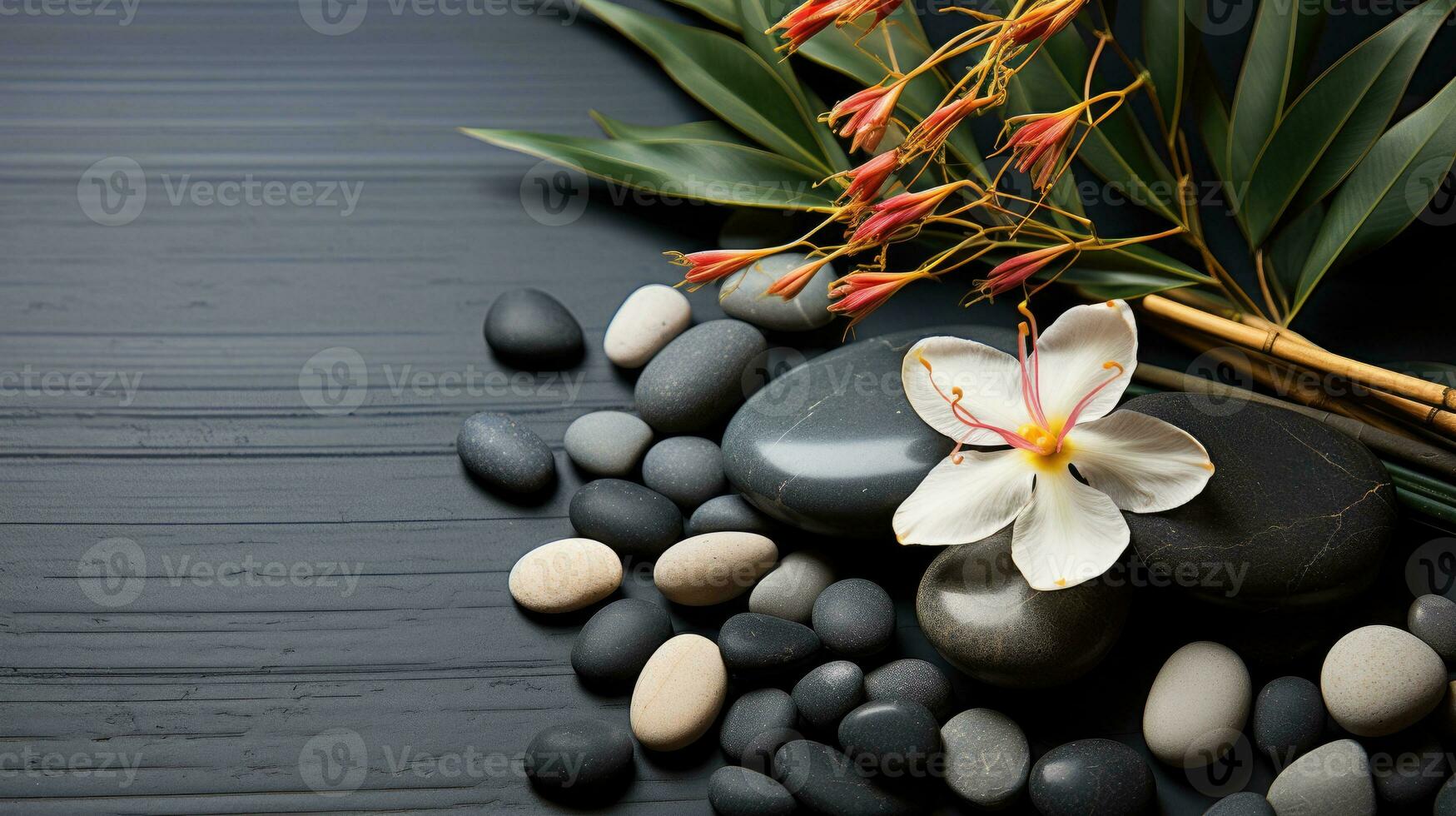 AI generated Black Stone Cairn with Bamboo and White Flower Rock Zen Aesthetic Spa Concept with Minimalist Composition Serenity in Nature Calming Atmosphere for Peaceful Wellness Background photo