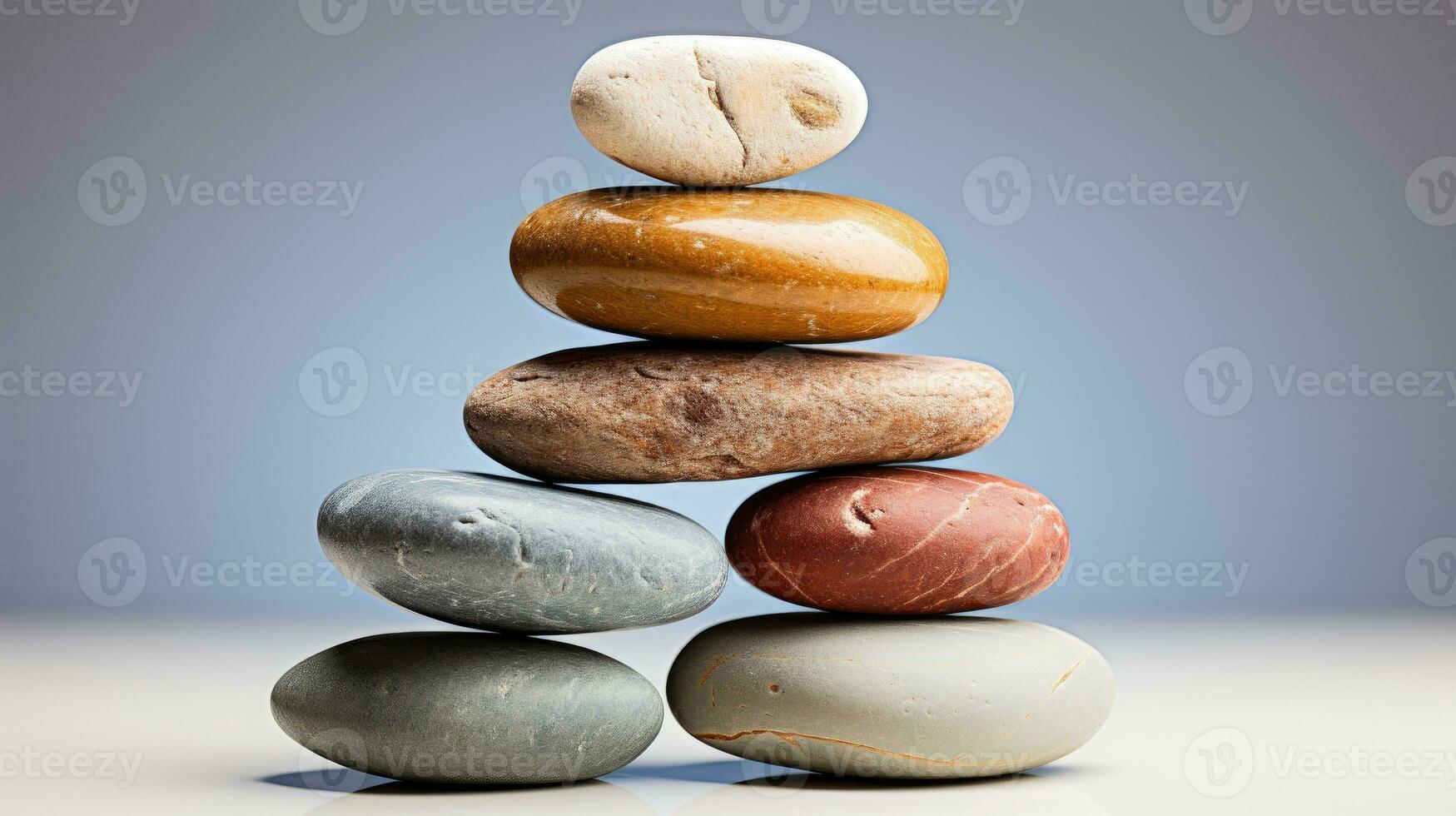 AI generated Meditation Rock Stack Poise Stones for Serenity and Mindfulness Simple Harmony Five Stones on White Background for Tranquility Stone Cairn for Peaceful Wellness Background photo