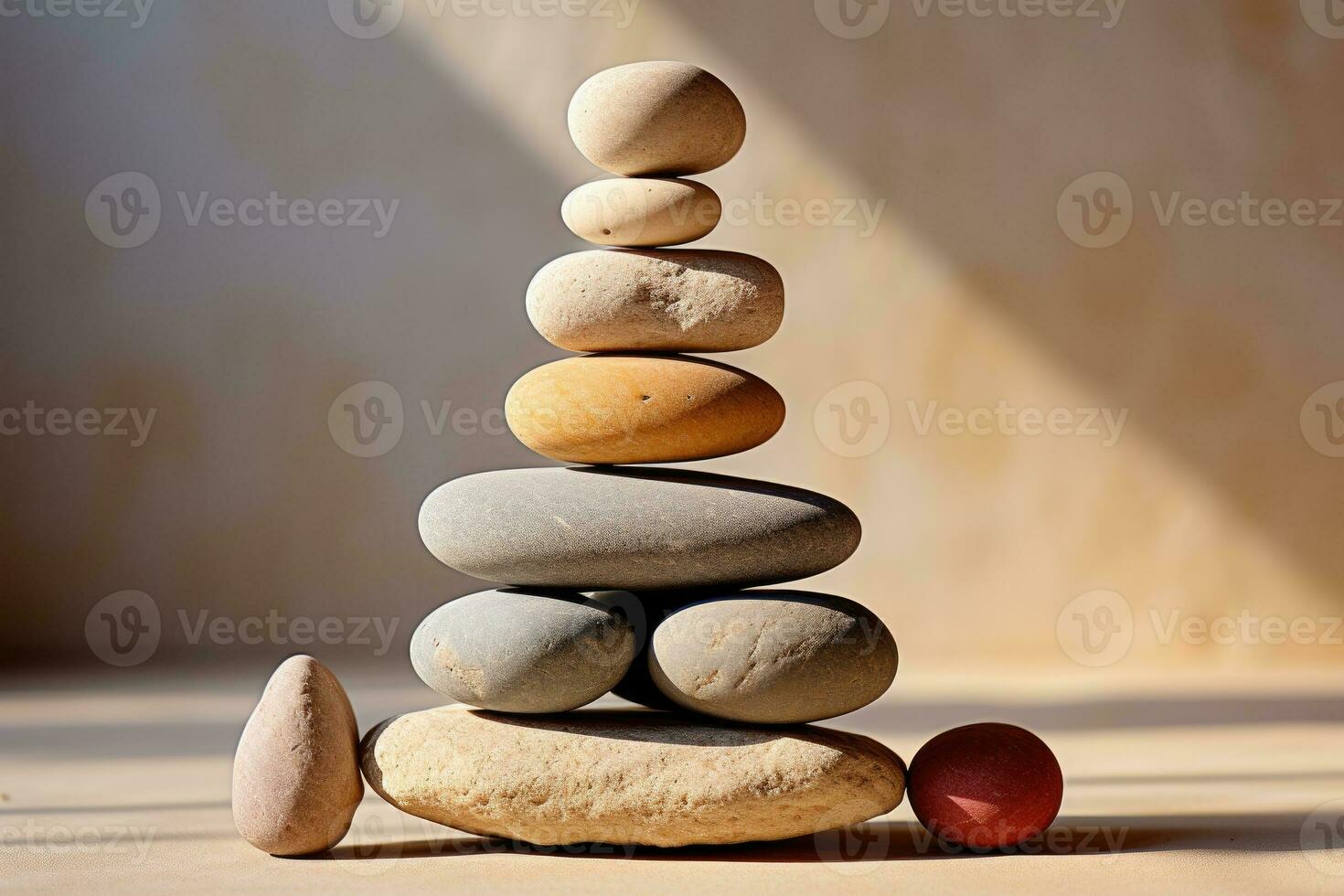 AI generated Meditation Rock Stack Poise Stones for Serenity and Mindfulness Simple Harmony Five Stones on White Background for Tranquility Stone Cairn for Peaceful Wellness Background photo