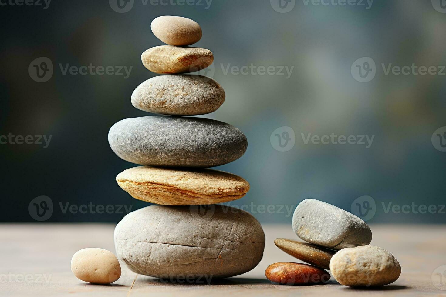 AI generated Meditation Rock Stack Poise Stones for Serenity and Mindfulness Simple Harmony Five Stones on White Background for Tranquility Stone Cairn for Peaceful Wellness Background photo