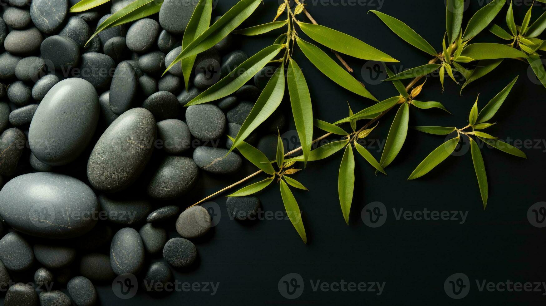 AI generated Black Stone Cairn with Bamboo and White Flower Rock Zen Aesthetic Spa Concept with Minimalist Composition Serenity in Nature Calming Atmosphere for Peaceful Wellness Background photo