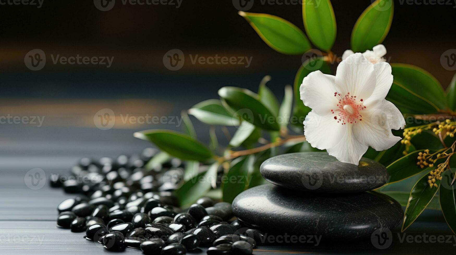 AI generated Black Stone Cairn with Bamboo and White Flower Rock Zen Aesthetic Spa Concept with Minimalist Composition Serenity in Nature Calming Atmosphere for Peaceful Wellness Background photo
