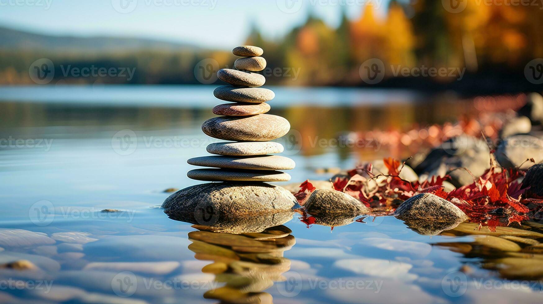 ai generado Roca mojón conjunto en el Derecha lado en contra un mar difuminar fondo, un torre de piedras, sencillo equilibrio piedras sencillez, armonía, y balance, un sereno rock zen escena, costero meditación foto