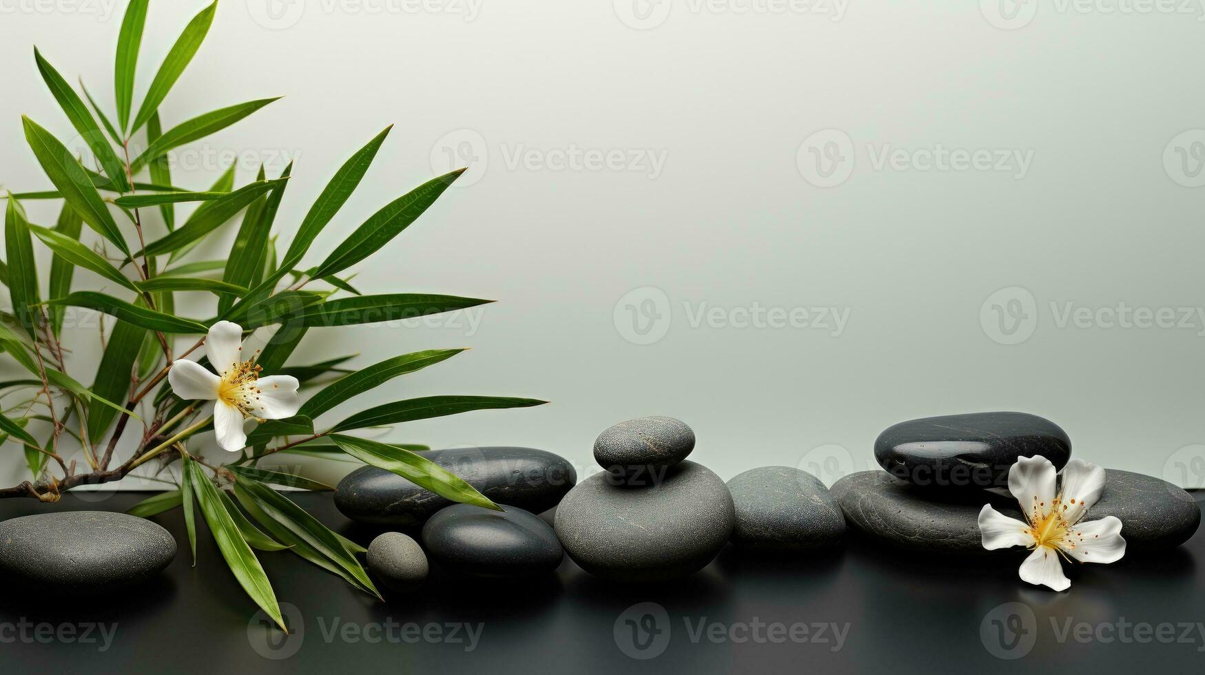 AI generated Black Stone Cairn with Bamboo and White Flower Rock Zen Aesthetic Spa Concept with Minimalist Composition Serenity in Nature Calming Atmosphere for Peaceful Wellness Background photo