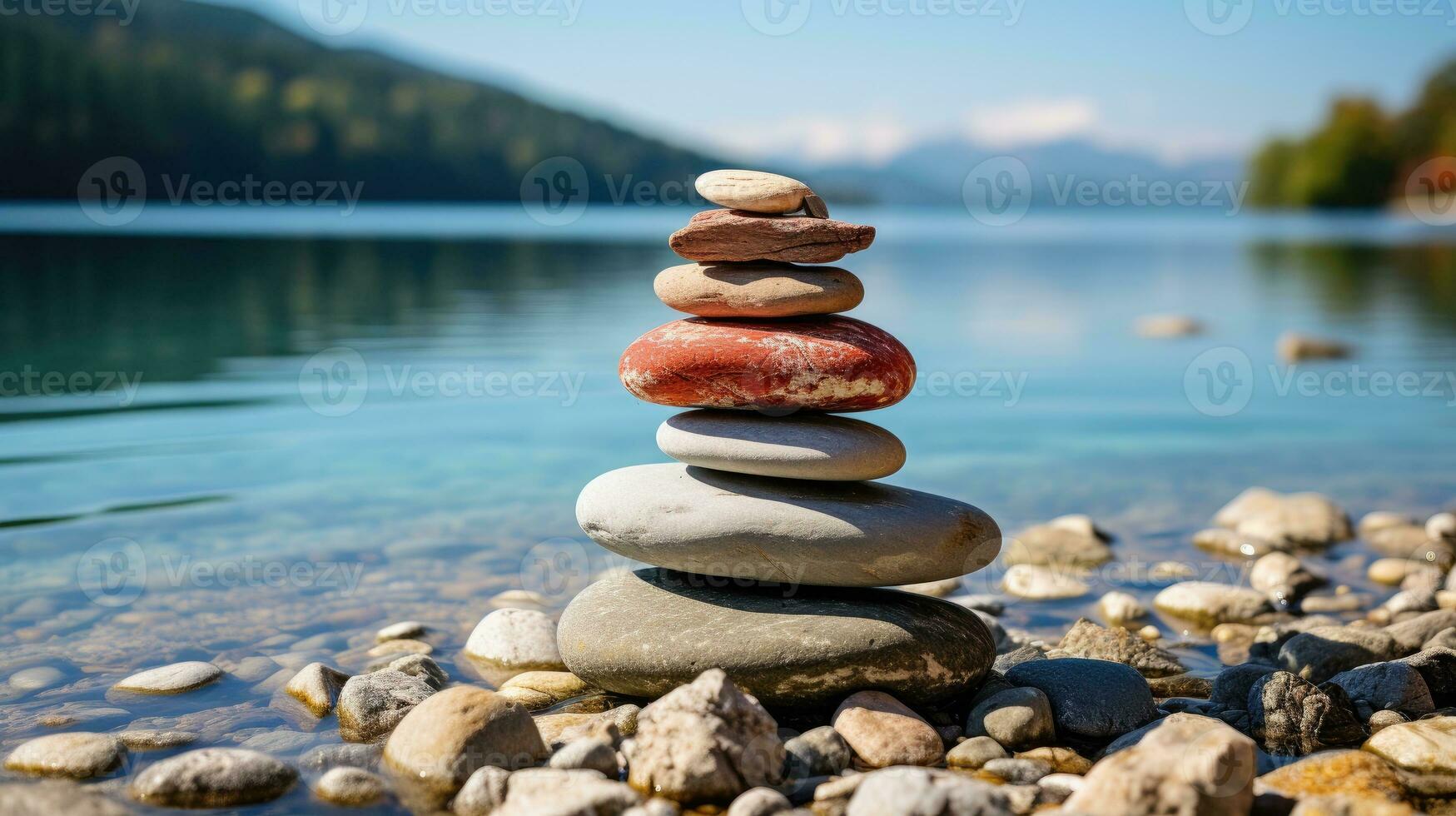 ai generado Roca mojón conjunto en el Derecha lado en contra un mar difuminar fondo, un torre de piedras, sencillo equilibrio piedras sencillez, armonía, y balance, un sereno rock zen escena, costero meditación foto