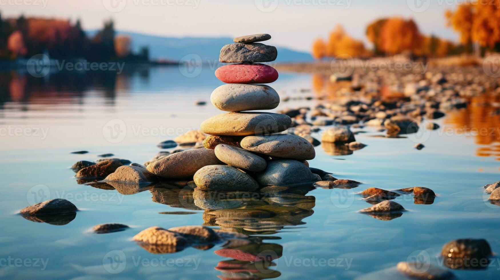 AI generated Stone cairn set on the right side against a sea blur background, a tower of stones, simple poise stones simplicity, harmony, and balance, a serene rock zen scene, Coastal Meditation photo