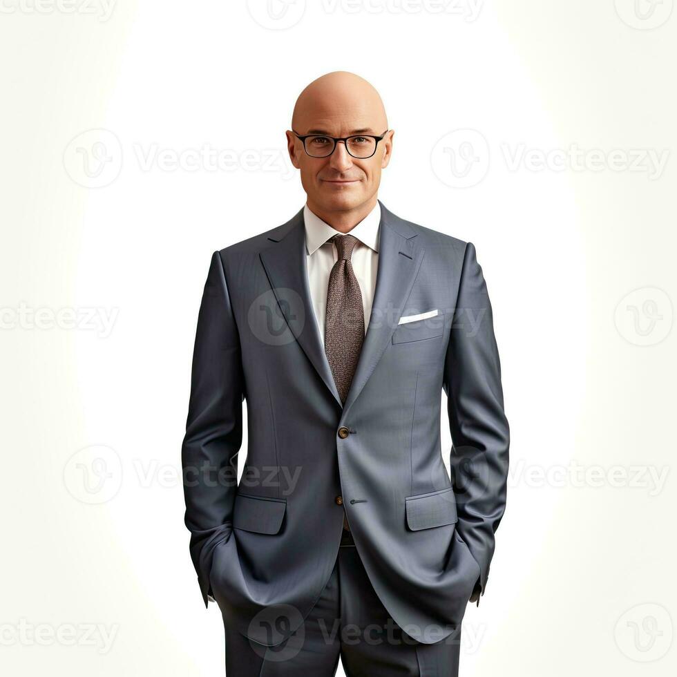 AI generated Mature Businessman in Formal Attire with Shaved Head and Eyeglasses Standing on White Background photo